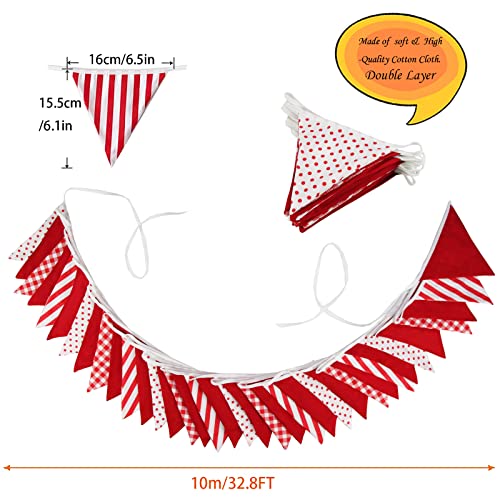 Image of Zwiebeco 32Ft Red White Plaid Stripe Dot Fabric Bunting Banner Triangle Flags Cotton Garland Pennant for Birthday Wedding Engagement Carnival Party Classroom Nursery Home Outdoor Garden Decorations