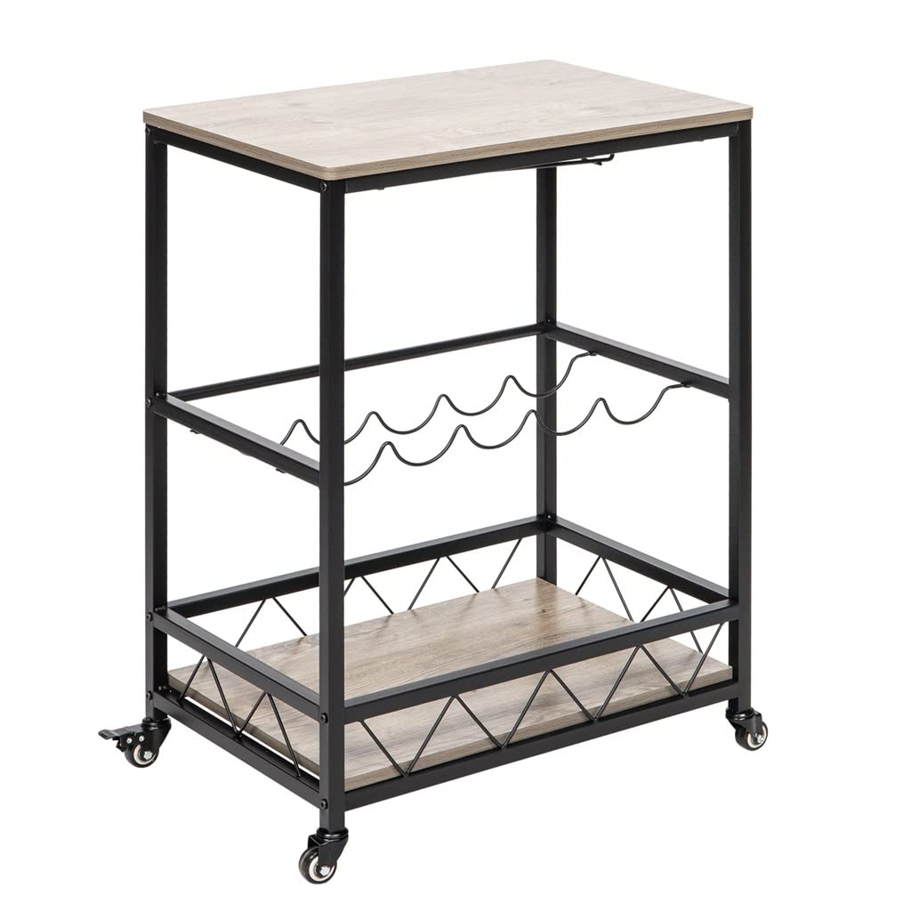 Chariot Chariot de Service de Bar, Chariot de Service de Cuisine Mobile, Chariot de Service en Bois et métal de Style Vintage Industriel (D 80 x 40 x 90 cm)