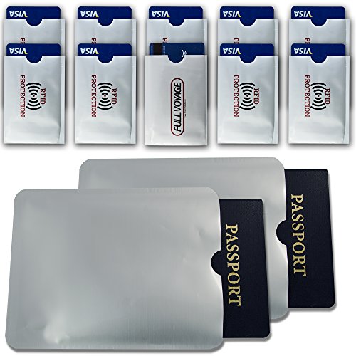 RFID Blocking Sleeve Set - Durable TearProof Waterproof - Slim Design for Wallet Pocket or Bag - 10 Credit Card Sleeves - 2 Passport Sleeves