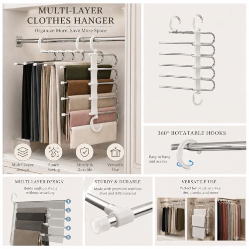 Image of 5 Layer Cloth Hanger Space Saving Closet Organizer, Multi-Tier Trouser & Jeans Hanger, Foldable Wardrobe Storage Rack for Pants, Scarves, Sarees & Clothes - Heavy Duty Anti-Slip Design