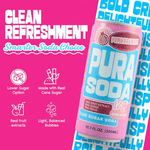 Image of PuraSoda Pomegranate - 12g Pure Cane Sugar Soda, 10 Fl Oz, Pack of 24 | Real Fruit Extract, Non-Gmo Vegan, No Stevia Or Artificial Sweeteners, 12g Cane Sugar, 10 Fl Oz Cans