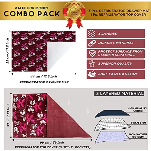 Image of Polyester 3-Layered Fridge Top Cover /Refrigerator Cover with Utility Pockets and Set of 3 Pc Fridge Mats (Color-Leaf Purple, Size-39x21 Inch)