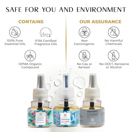 Image of EKAM | Combo Pack Of 3 | Fresh & Musky Fragrance Scented Plug-In Air Freshener Refill| 45ml Each | Lasts up to 125 Days Each / 500 Hours Each | Perfect for Living Rooms, Bedrooms & More