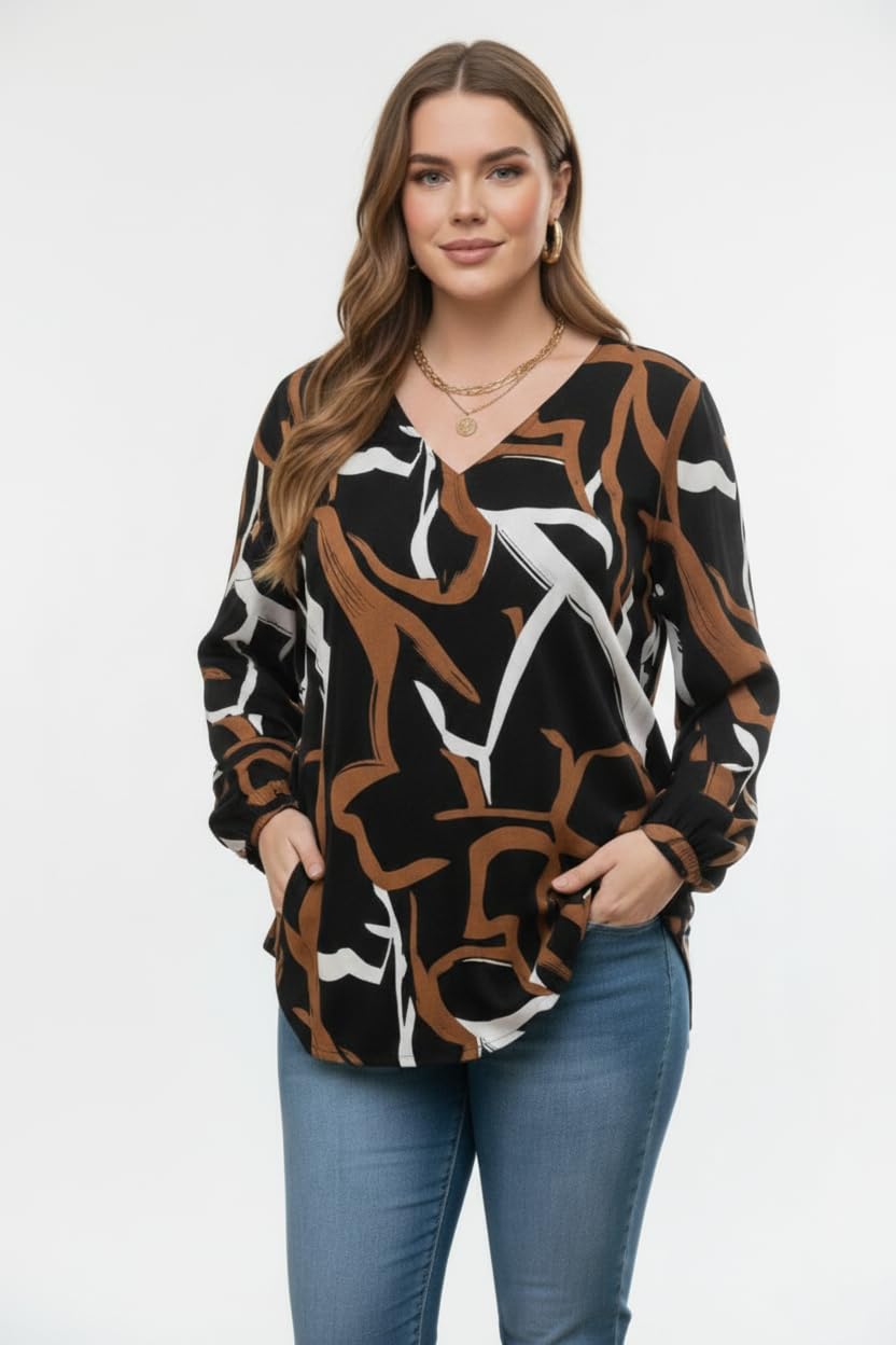 charvis choice Women's V-Neck Long Sleeve Blouse, Abstract Brushstroke Pattern, Black Tan White-picture-39