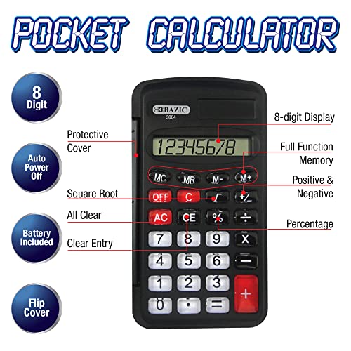 Bazic Pocket Size Calculator 8-Digit W/Flip Cover, Lcd Display, Small Standard Function Electronics Calculators, For Daily & Office, Black, 1-Pack #TOP4