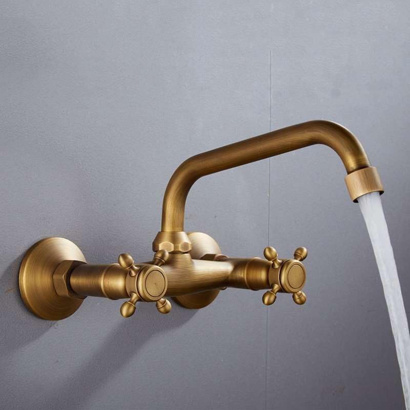 Robinet d'évier de cuisine en laiton antique avec bec long rotatif