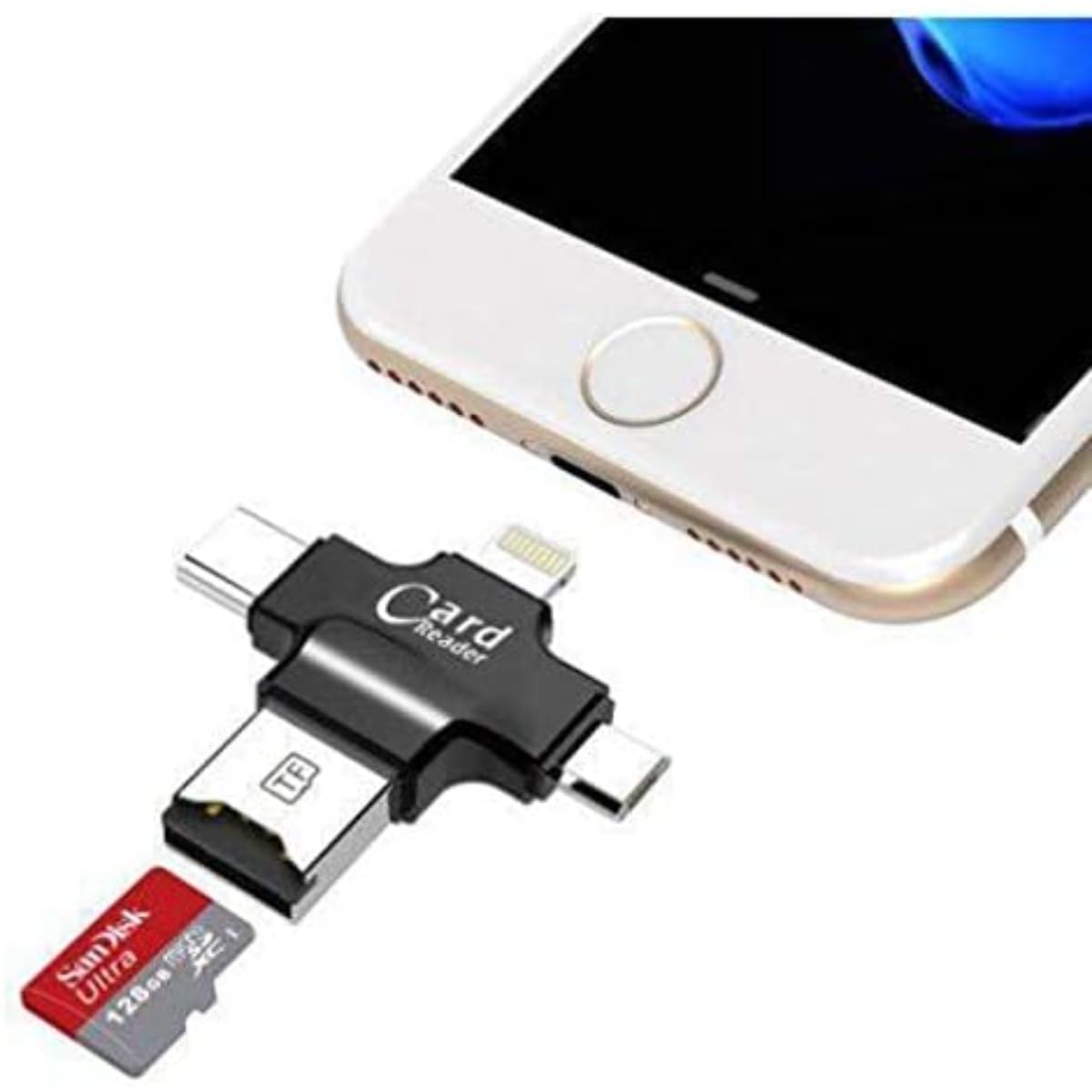 AVIDO Universal Memory Card Reader | 4-in-1 Memory Card Reader for iPhone, Android, Micro SD, TF, Lightning, Type-C | Lightning-Fast Data Transfer | Free iOS App | Comfortable with All IOS and Android