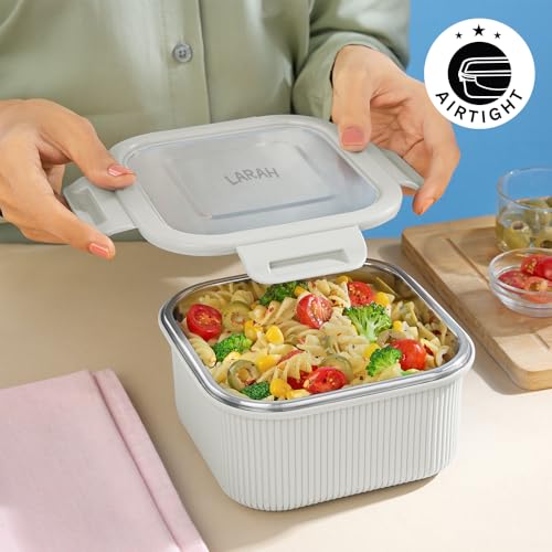 Image of Larah by BOROSIL Freshbyte Food Storage Container with Airtight Stainless Steel Lid | Fridge Container for Lunchbox | Food Grade | Microwave Safe (Grey, 800 ml, Square)