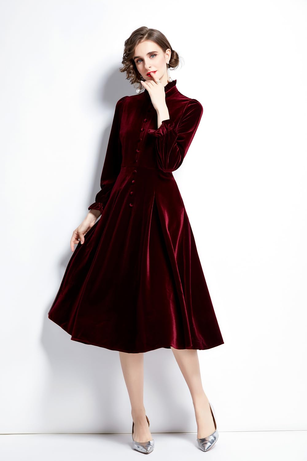 Abito Elasticizzato in Velluto a Maniche Lunghe Donna, Elegante Monopetto con Collo alla Coreana, Longuette a Trapezio per Feste di Natale alla Moda, Wine Red, XXL