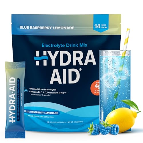 HYDRA AID Low Sodium Electrolyte Powder Packets - Marine-Mineral Hydration Mix with Vitamins B, C, D | No Salty Aftertaste | 14 Raspberry Blue Lemonade Sticks | Vegan, Non-GMO, Gluten Free