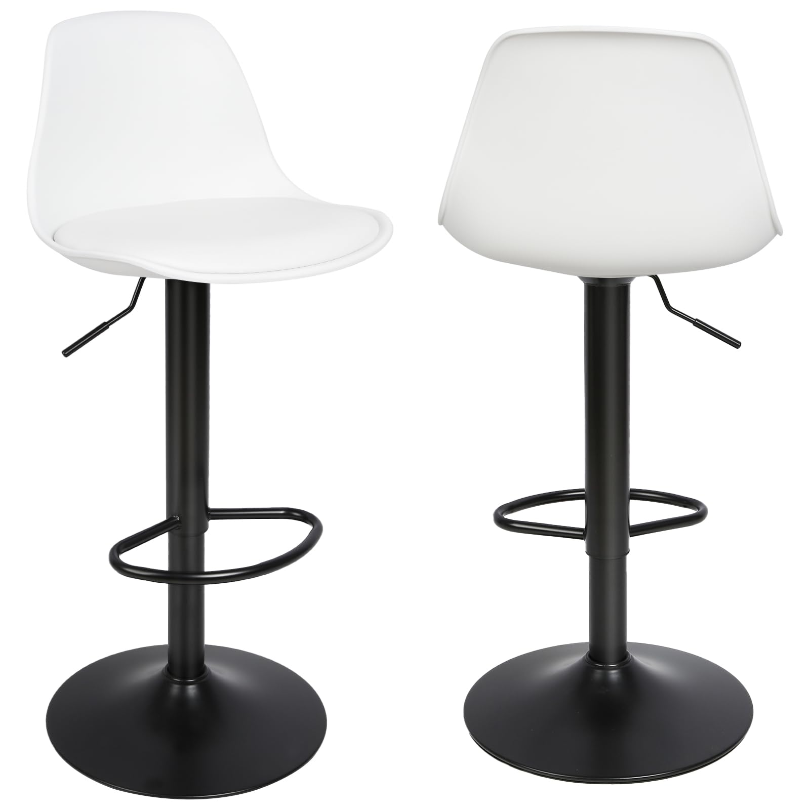 Taburetes de bar con respaldo y reposapiés, regulable en altura y giratorio a 360 grados, sillas de bar cocina en spray, cojín de PU, taburetes de bar (2, negro y blanco)