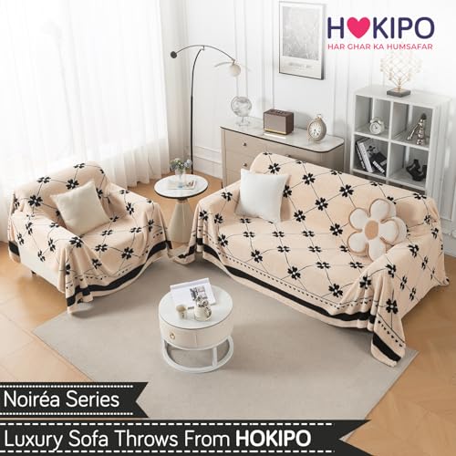 Image of HOKIPO Plush Sherpa Sofa Cover for 1 Seater Sofa | Thick Cozy Washable Sofa Throw | Full Protection Sofa Cover, 'Noirea Series' Floral Lattice (180x180 cm) (AR-6651-D4)