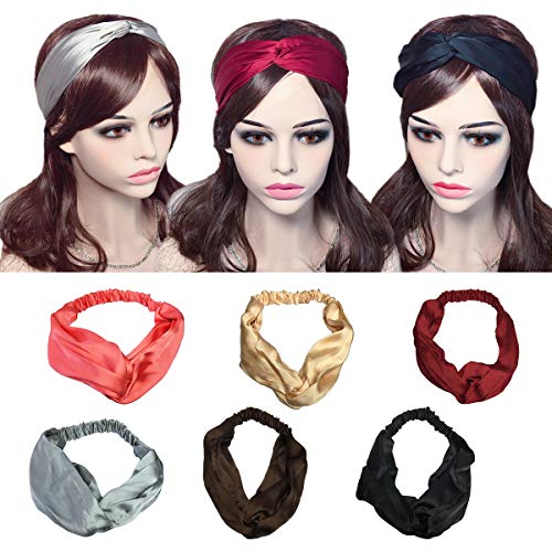 YSJOY 6 Pack Women Girls Silk Satin Headbands Solid Color Elastic Hairband Twisted Turban Headwrap for Sports or Fashion
