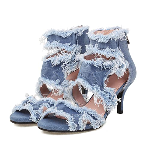 NOWNIN Women's Blue jean Sandals for Women Denim Open Toe High Heeled Sandals Fashion Comfortable Ankle Strap Stiletto Shoes