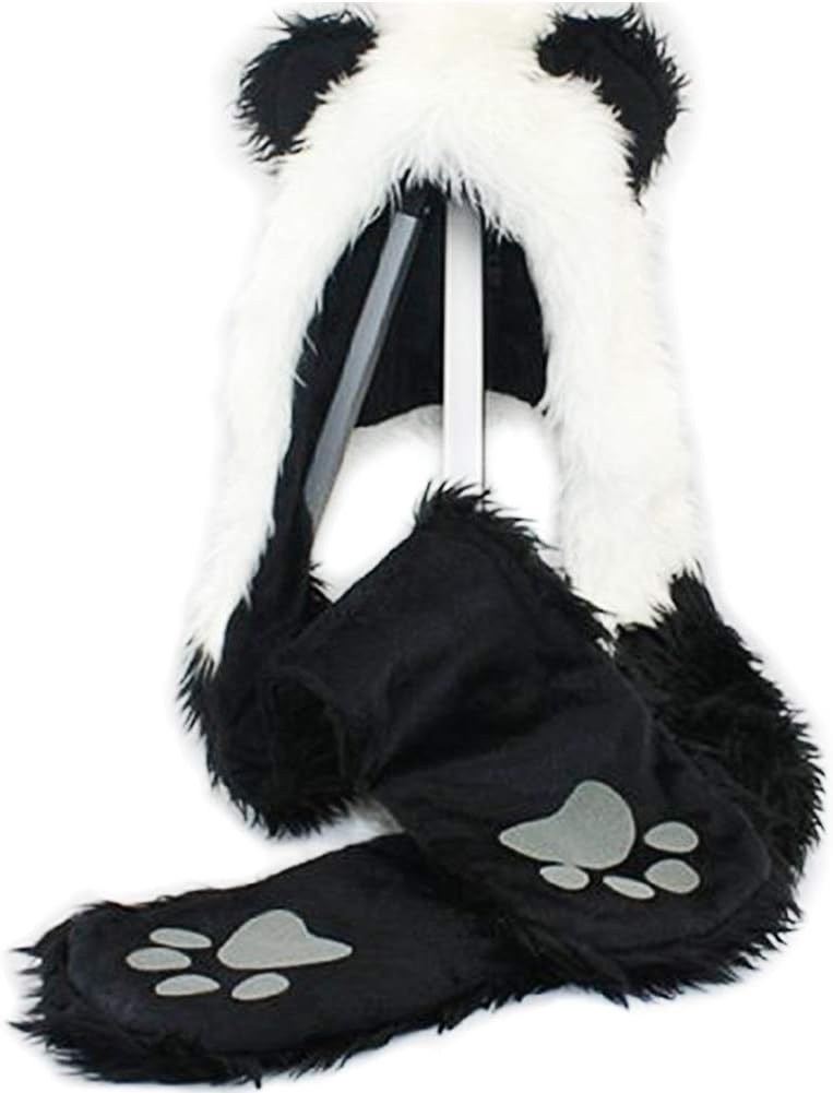 Panda Animal Hood Faux Fur Hat with Warm Scarf Mittens Ears and Paws by HatButik.
