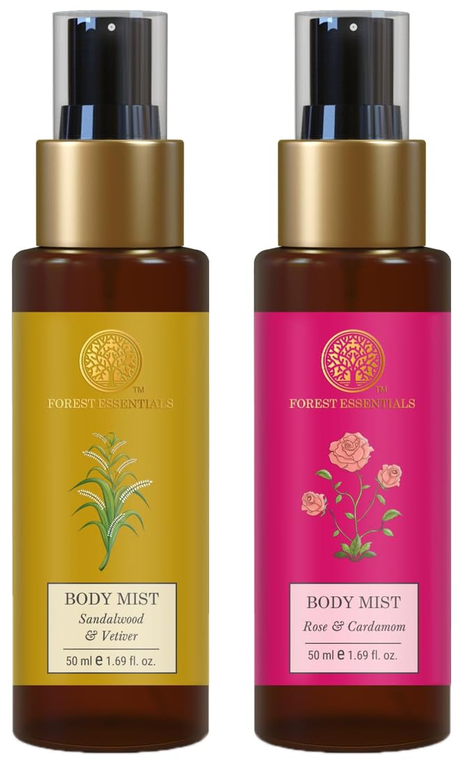Forest Essentials Travel Size Body Mist Sandalwood & Vetiver (50ml) Natural Earthy Fragrance and Rose & Cardamom Body Mist (50ml) Floral Oriental