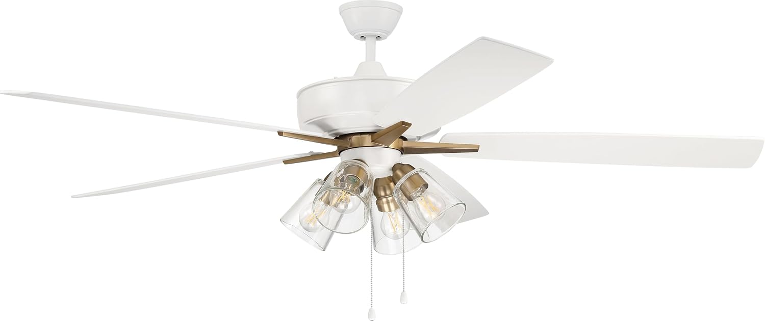 Craftmade S104WSB5-60WWOK Super Pro 60" Ceiling Fan with Lights, White/Satin Brass