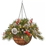 Pre-Lit Artificial Christmas Hanging Baskets for Outdoors, Outdoor Decoration with Pine Red Berries Pinecones, Festive Hanging Planter with LED Lights for Outside Porch Front Door