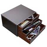 HOMETEK Multi-functional 3 Drawer Leather Desk Organizer File Cabinet Office Supplies Desktop Storage Jewelry Organizer Box with Drawer (Brown)