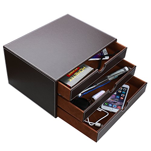 HOMETEK Multi-functional 3 Drawer Leather Desk Organizer File Cabinet Office Supplies Desktop Storage Jewelry Organizer Box with Drawer (Brown)