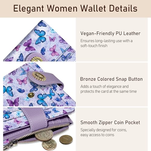 Image of Kelvoris Small Rfid Butterfly Women Wallet Bifold Zipper Coin Pocket | PU Leather Compact Cash Credit Card Holder Travel Purse for Female Ladies Teen Girls 1 ID Window 10 Card Slots