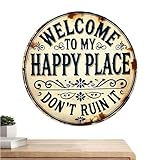 Vintage Platos redondos de Metal | Decoración Exterior A Lugar Feliz - Arte de pared de metal resistido - Para Puerta Al Aire Libre Patio Jardín Casa Dormitorio Cafe Bar Oficina