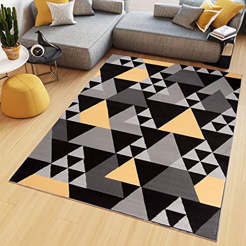 TAPISO Maya Tapis Poil Court Moderne Jaune Gris Noir Géométrique Motif Mosaïque Triangle Tapis Salon Chambre Salle à Manger Adulte Bureau Oeko-TEX...