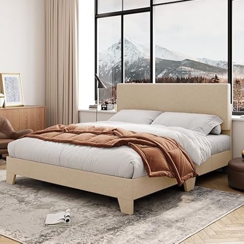 Allewie Queen Size Bed Frame with Adjustable Headboard, Upholstered Platform Bed with Wood Slats, Heavy Duty Mattress Foundation, No Box Spring Needed, Noise-Free, Easy Assembly, Beige Cover