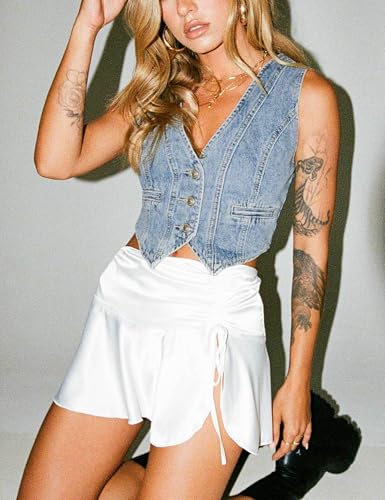 Cropped Y2K Denim Vest for Womens Button Down Sleeveless Corset Jean Tank Waistcoat2
