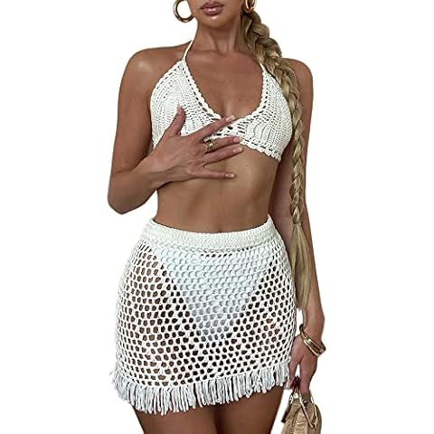 Women's Summer 2 Piece Swimsuit Bikini Beach Swimwear Cover Up Set, Crochet Set White, XX-Small Cover