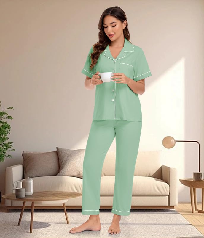 Image of CF 100% Cotton Pajamas for Women Set 2 Piece Short Sleeve Tops and Long Pants Comfy Well-Fitted Loungewear Set Pj Sets