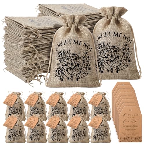 Tanlade 50 Sets Funeral Favors Forever in Our Hearts Seed Packet Organizer Favor Burlap Bag with Prayer Memorial Tags and Twine for Celebration of Life Loss of Loved One, No Seeds (Forget Me Not)