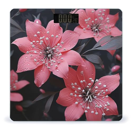 Báscula digital de baño con diseño floral rosa y negro miniatura 1