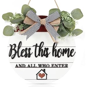CHDITB 3D Wooden Door Sign – God Bless Our Home Welcome Porch Wall Sign With Bow-knot Wreath – Housewarming Gift for Kitchen, Entryway, Front Door