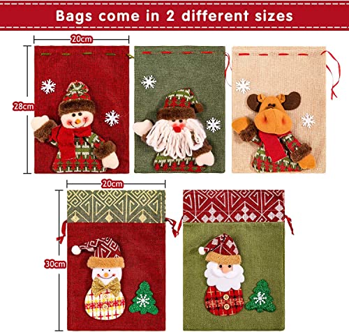 KAHEIGN 5 Pièces Sacs à Cordon de Noël, Sacs en Toile de Jute de Grand Tissu 3D Père Noël Bonhomme de Neige Renne Sacs Cadeaux de Noël Sacs d'emballage de Noël Sacs de Friandises pour Fête de Noël - Image 4