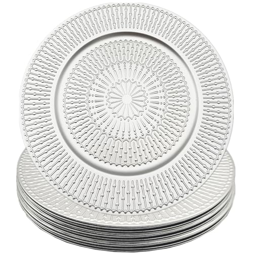 HningBuyox 12 Pack Chargers for Dinner Plates, Silver 13 Inch Heavy Weight Charger Plate, Wedding Table Charger for Christmas,Thanksgiving, Catering Event, Antique Tabletop Decor