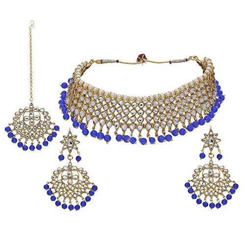 Aheli Indian Blue Color Beaded Necklace Dangle Earrings Maang Tikka Indian Bollywood Style Fashion Ethnic Jewelry Set for Women