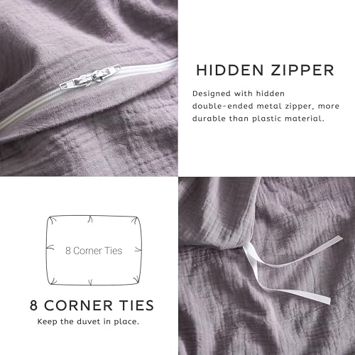 SE SOFTEXLY Muslin Duvet Cover Queen Size, 100% Washed Cotton Duvet Cover Set, Ultra Soft Comforter Cover Linen Like, 3 Pieces Minimalist Gauze Duvet Cover with 2 Pillowcases, 90"x90", Purple Grey