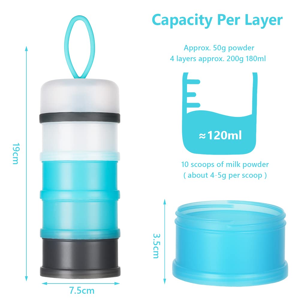 Vicloon Dosatore per Latte in Polvere, Dispenser di Latte in Polvere con 4 Scomparti, Impilabile Contenitore Spuntino e Dosalatte in in Polvere per Viaggio, Cereali, Frutta (Grigio, Blu)