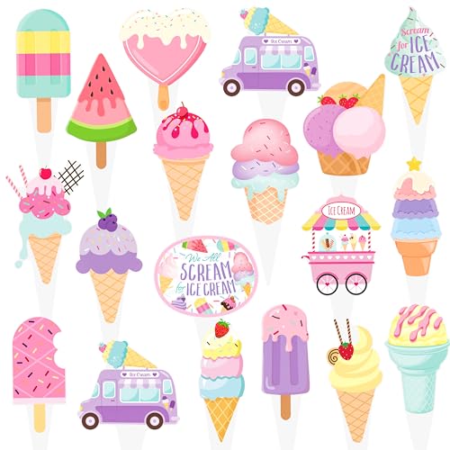 48Pcs Ice Cream Cupcake Toppers Summer Ice Cream Birthday Cake Picks Ice Cream Party Decorations for Sweet Summer Theme Baby Shower Supplies
