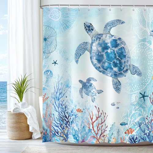Dazzlewall Rideau de Douche Bleu Tortues Marines 180x180cm, Rideau de Bain Marin Tortues Poissons Tropicaux Récif Corallien Salle de Bain Imperméable...