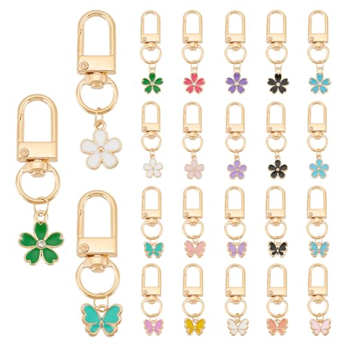 PH PandaHall 20 Stili Fiore Farfalla Portachiavi Smaltato Charms Estetico Mini Smalto Chiave Auto per Borsa Custodia Auricolare Decorazione, Lunghezza 4.3-5.2cm