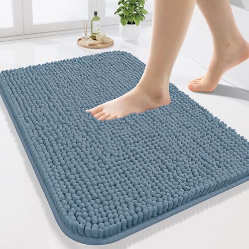 OLANLY Chenille Bath Mat 16" x 24", Extra Soft Absorbent Plush Bathroom Mat, Rubber Backing Quick Dry, Machine Washable Bath Mats for Bathroom Floor, Tub and Shower, Home Decor Accessories, Airy Blue by OLANLY - Used condition - CA$16.90