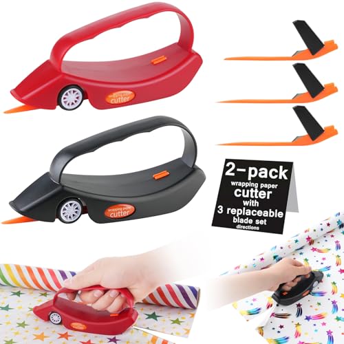 LIZAAL 2-Pack Gift Wrap Cutter with 3 Replaceable Blades | New Wrapping Paper Cutter with Wheels | Birthday and Christmas Wrapping Paper Cutter Slider for Home, Office or Classroom (Black & Red)