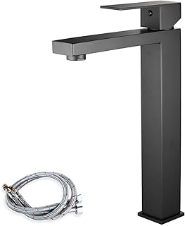 Maynosi Tall Bathroom Basin Mixer Tap, High Rise Square Tap for Countertop Basin, Modern Sink Faucet with High Spout, Monobloc Mixer Taps with Flexible Hoses, Stainless Steel Lead Free, Matte Black