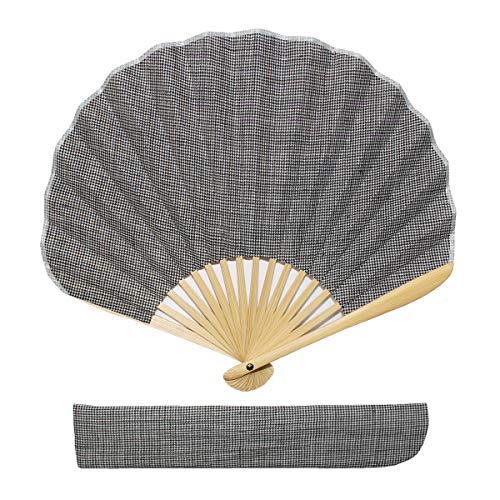 コロンとかわいいシェル型の扇子 千鳥格子 【麻素材・縮布】【さし袋・箱付き】【ギフト対応可】