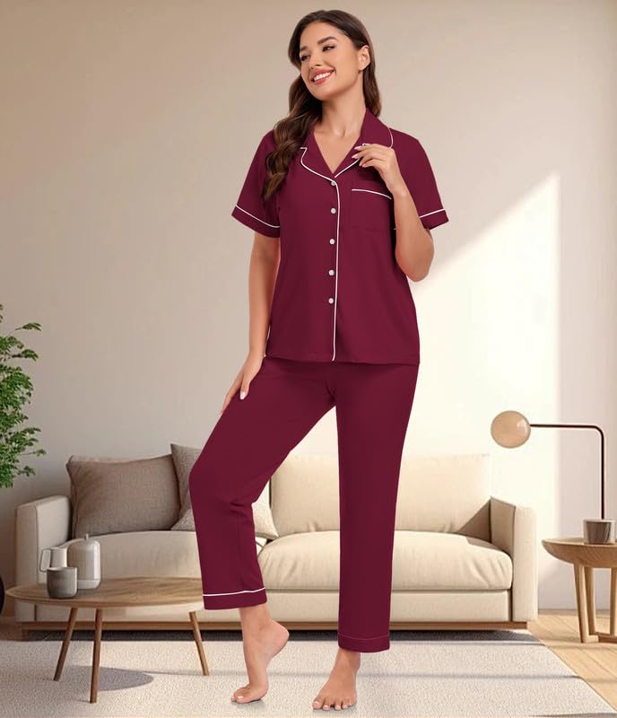 Image of CF 100% Cotton Pajamas for Women Set 2 Piece Short Sleeve Tops and Long Pants Comfy Well-Fitted Loungewear Set Pj Sets