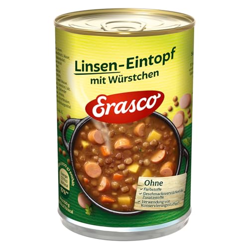 Erasco Linsen-Eintopf mit Würstchen (1 x 400g), In nur 5 Minuten fertig – Ausgewähltes Gemüse – Einfach köstlich - Ohne Schnickschnack Erasco Linsen-Eintopf mit Würstchen (1 x 400g), In nur 5 Minuten fertig – Ausgewähltes Gemüse – Einfach köstlich - Ohne Schnickschnack
