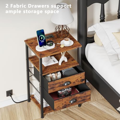 Furologee 61" Desk and Nightstand with Charging Station and LED Light, Reversible Computer Desk with File Cabinet, End Table with 2 Drawers, for Home/Office
