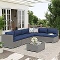 Oakcloud 7-Piece Outdoor Patio Furniture Set Grey Rattan Wicker Sectional Sofa Conversation Sets with Cushions and Glass Top Table (Dark Blue)